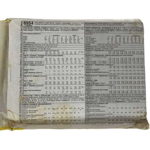 McCalls 8954 Childrens Unisex Scary Costumes Sewing Pattern Sizes 6-8 1997 - Picture 2 of 3